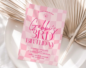 Wavy Border Check Pink Kids Birthday Party Invitation Template Squiggly Border Invite Curve Birthday Invite Wave Invitation Customise Canva