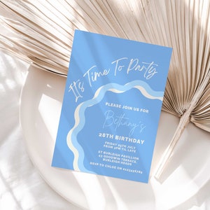 Wavy Border Blue White Birthday Party Invitation Template Squiggly Border Invite Curve Birthday Invite Wave Invitation Customise In Canva