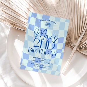 May include: A blue and white checkered birthday invitation with the text "Max's 2nd Birthday" in blue. The invitation includes details for the party, including the date, time, and location.  RSVP information is also included.