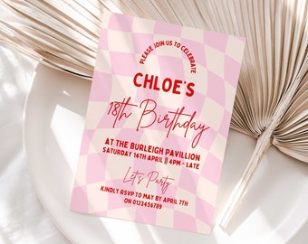 Wavy Border Pink Check Birthday Party Invitation Template Squiggly Check Invite Curve Birthday Invite Wave Invitation Customise In Canva