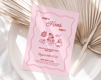 Hens Weekend Invitation Template Wavy Border Pink Red Bachelorette Party Bridal Shower Squiggle Wedding Event Digital Customise In Canva