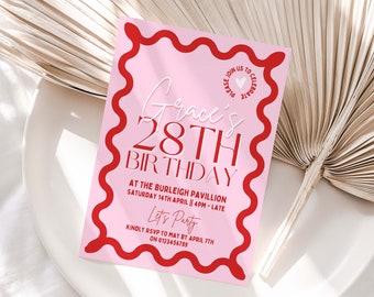 Wavy Border Pink Red Birthday Party Invitation Template Squiggly Border Invite Curve Birthday Invite Wave Invitation Customise In Canva