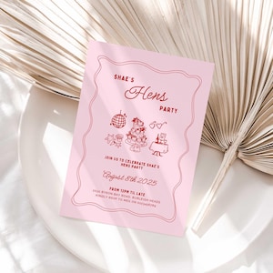 Hens Weekend Invitation Template Wavy Border Pink Red Bachelorette Party Bridal Shower Squiggle Wedding Event Digital Customise In Canva