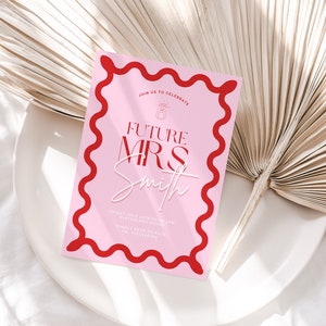 Hens Weekend Invitation Template Wavy Border Pink Red Bachelorette Party Bridal Shower Wedding Event Digital Customise In Canva