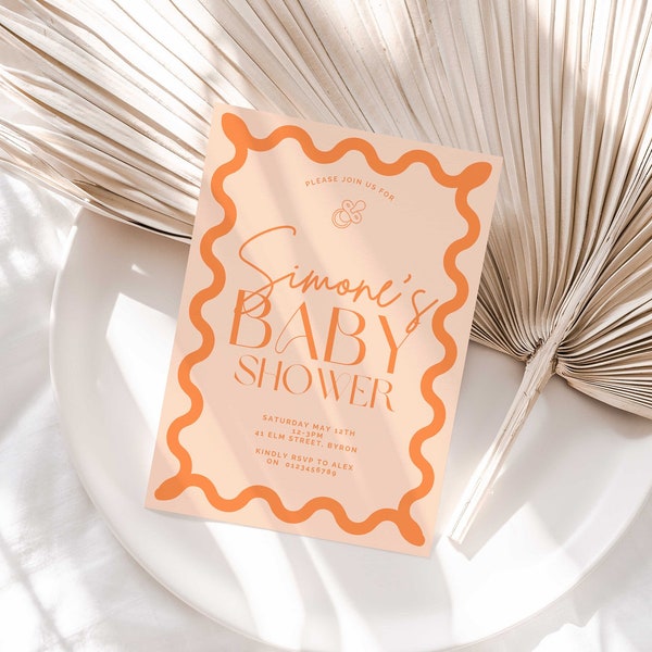 Wavy Border Baby Shower Party Invitation Orange Template Squiggly Border Invite Curve Boy or Girl Invite Wave Invitation Customise In Canva