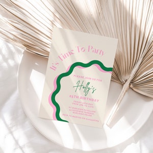 Wavy Border Pink Green Birthday Party Invitation Template Squiggly Border Invite Curve Birthday Invite Wave Invitation Customise In Canva