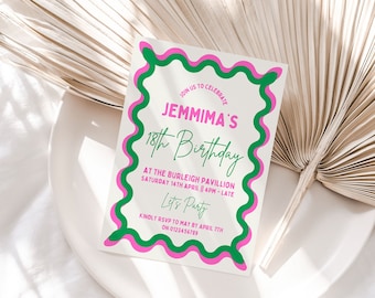 Wavy Border Pink Green Birthday Party Invitation Template Squiggly Border Invite Curve Birthday Invite Wave Invitation Customise In Canva