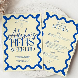 Hennen Wochenende Einladung Vorlage Gewellte Borte Gelb Blau Junggesellinnenabschied Brautparty Hochzeitsevent Digital Anpassen In Canva