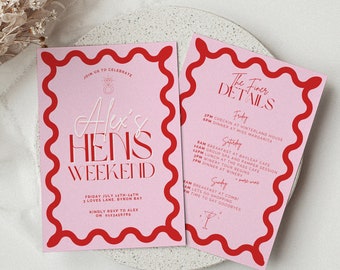 Wavy Pink Hens Weekend Invitation Template (Canva Editable, 5x7" Digital Download)