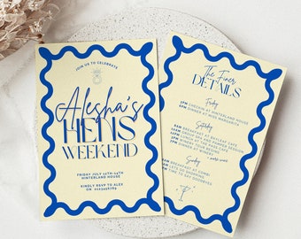 Wavy Hens Weekend Invitation Template, Blue & Yellow (Canva Editable, Digital)