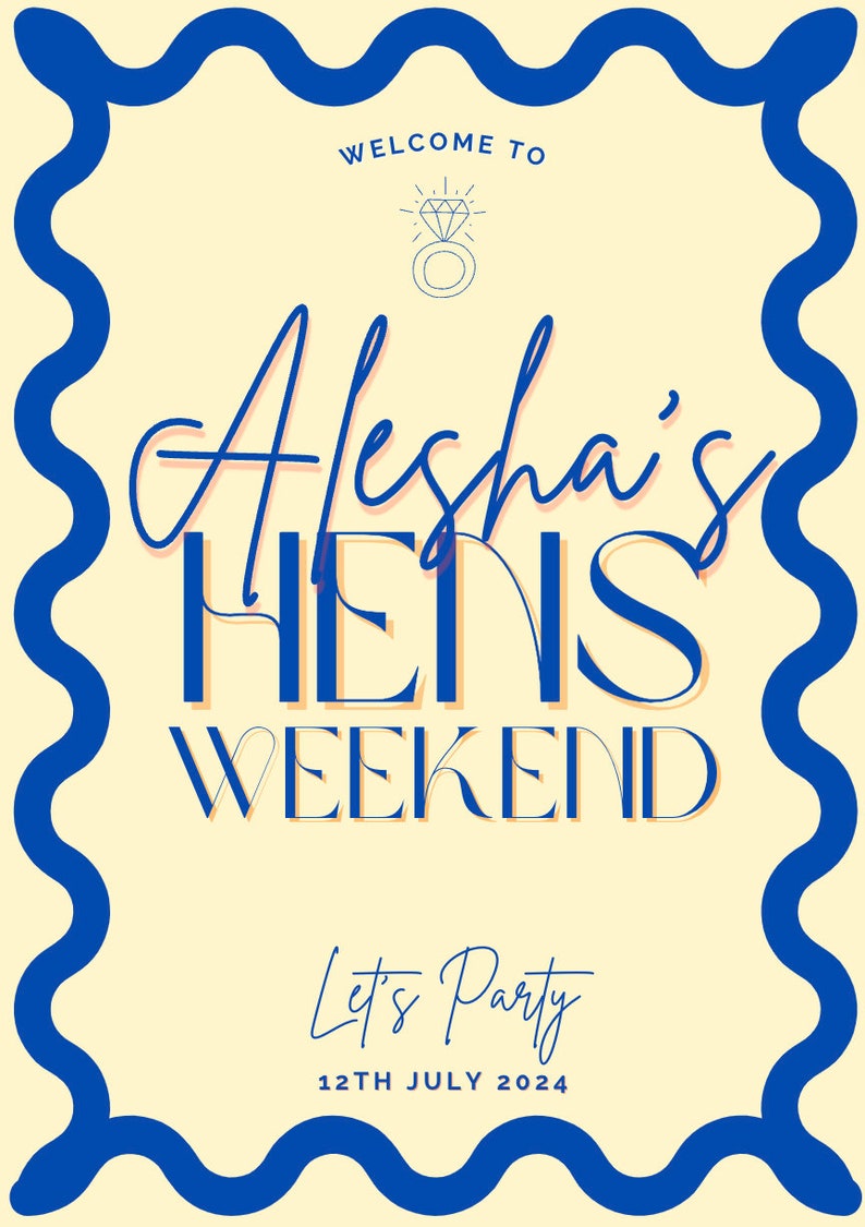 Hens Party Welcome Sign Template Wavy Border Yellow Blue Bachelorette ...