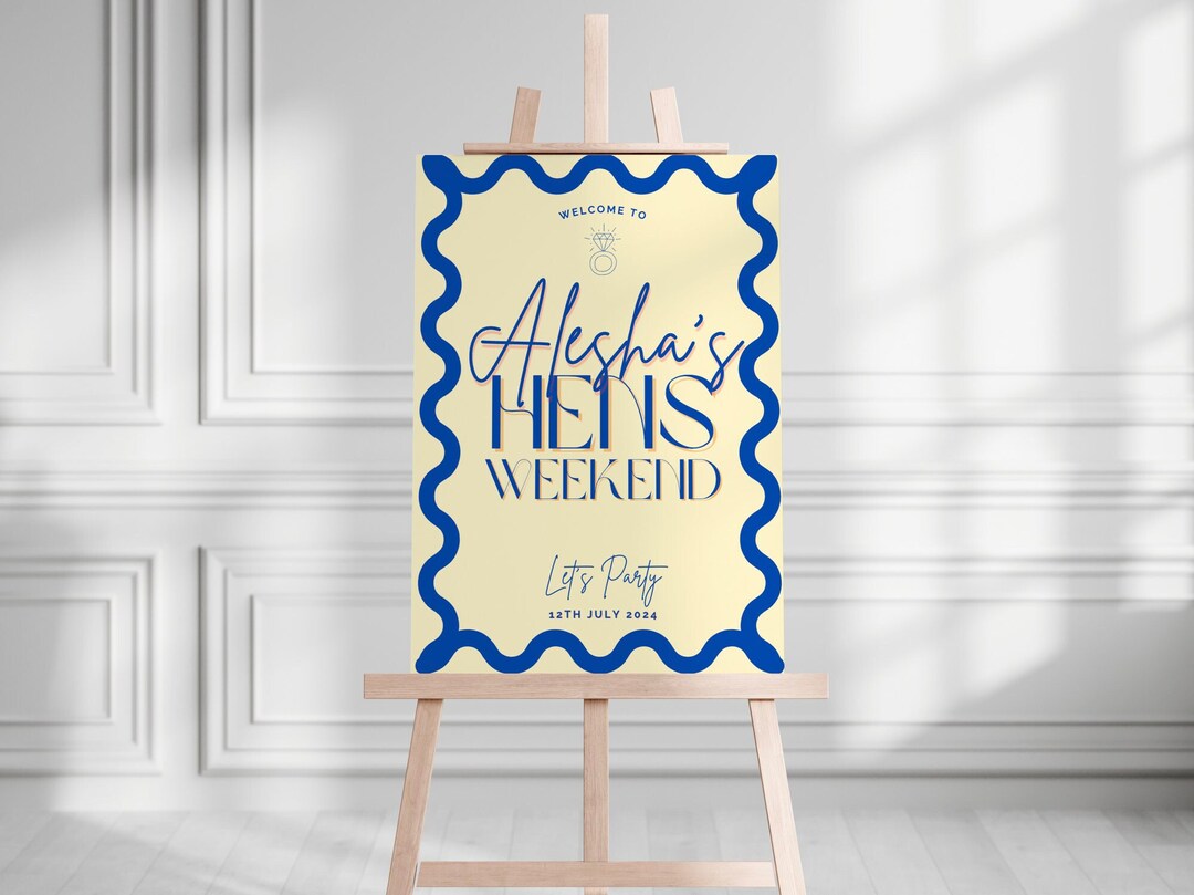 Hens Party Welcome Sign Template Wavy Border Yellow Blue Bachelorette ...