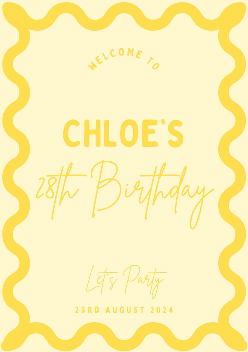 Wavy Border Yellow Party Easel Welcome Sign Template Squiggly Border ...