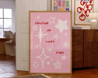 Decoración de habitación infantil, póster de arte de pared con estampado rosa para guardería, estampado de estrellas de la suerte para niños, póster de moda para niños, arte de pared para guardería, decoración de habitación de bebé, decoración de guardería