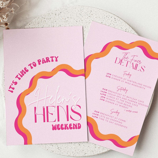 Hens Weekend Invitation Template Wavy Border Pink Orange Bachelorette Party Bridal Shower Squiggle Wedding Event Digital Customise In Canva