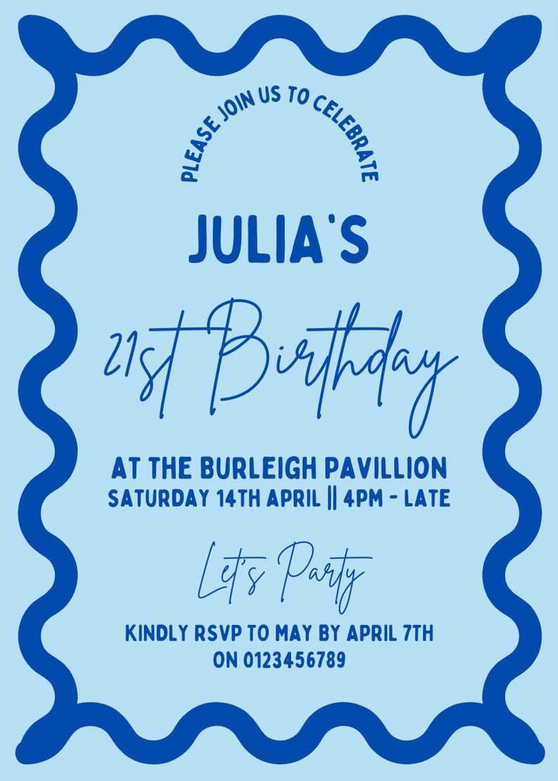 Fun Blue Invite Frame Wavy Border Blue Birthday Party Invitation Template Squiggly Border ...
