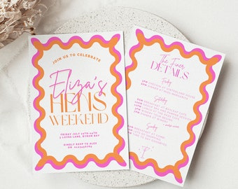 Hennen Wochenende Einladung Vorlage Wellig Rand Pink Orange Junggesellinnenabschied Brautparty Hochzeitsevent Digital Anfertigen In Canva