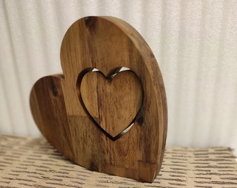 Grand coeur en bois, coeurs en bois d'acacia, sculpture en bois, cadeau mariage, Saint Valentin, décoration