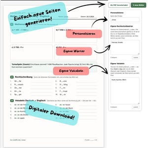 Könnte beinhalten: Ein digitales Übungsblatt mit Mathematikaufgaben, Rechtschreibübungen und Vokabelübersetzungen. Die Benutzeroberfläche enthält eine Seitenleiste zur Personalisierung, in der Namen, eigene Rechtschreibwörter und Vokabellisten eingegeben werden können.