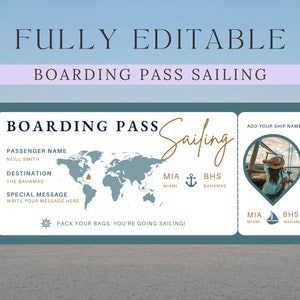 Billet carte d'embarquement pour la voile modifiable | Billet voyage surprise | Vacances à la voile | Chèque-cadeau de bateau de vacances surprise