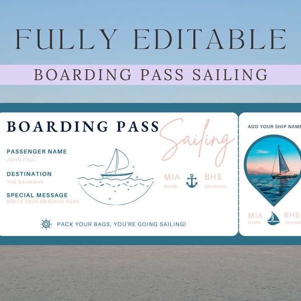 Sailing Boarding Pass Ticket Editable | Surprise Trip Ticket | Sailing Vacation | Surprise Vacation Boat Gift Certificate