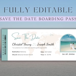 Carte d'embarquement, réservez votre invitation | Modèle de carte d'embarquement modifiable | Thème de plage de mariage de destination | Modèle canva de carte d'embarquement personnalisée