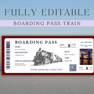 Tarjeta de embarque Vale de tren / Personalizar plantilla de certificado de regalo Viaje / Boleto de tren rojo / Cumpleaños de regalo de tren