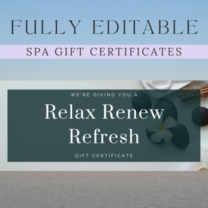Vale de regalo de spa editable / Plantilla de certificado de regalo / Tarjeta de regalo de masaje de spa / Relajación Renovación / Certificado de regalo de bienestar