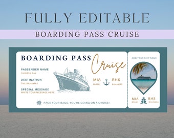 Op de afbeelding: Een teal en wit instapkaartontwerp met de tekst "BOARDING PASS CRUISE" bovenaan. De pas bevat een illustratie van een cruiseschip, passagiersgegevens en een bestemmingskaart. De tekst luidt "PACK YOUR BAGS, YOU'RE GOING ON A CRUISE!"