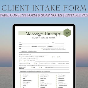 May include: A printable client intake form for massage therapy businesses. The form includes sections for client information, health history, and consent. The form is designed to be used by massage therapists to gather information from their clients before a massage session.