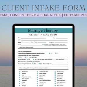 Massage-Klientenaufnahme, Einverständniserklärungen & Seifennotizen | Bearbeitbare Massage-Therapeuten-Formulare | Männliche, weibliche und nicht-binäre Massage Form Vorlage