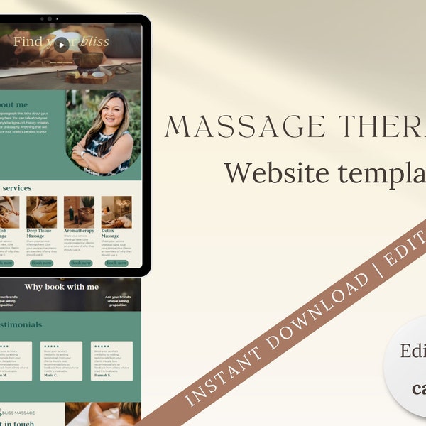 Massage Website-Vorlage | Business-Website-Vorlage | Bearbeitbare Canva-Website | Einseitige Website-Vorlage | Minimalismus Grünes Design