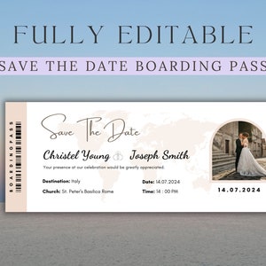 Bordkarte Save The Date Invite | Bearbeitbare Bordkartenvorlage | Bestimmungsort Hochzeit Beige Theme | Benutzerdefinierte Bordkarte Canva Vorlage