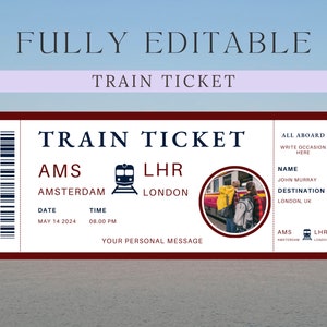 Billet de train rouge | Carte d'embarquement et bon de réduction | Personnalisez votre Modèle de Chèque-cadeau de voyage | Cadeau Train Anniversaire