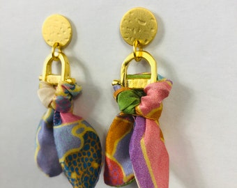 Liberty print silk gold plated dangle earrings, drop earrings, statement earrings, colourful earrings, handmade