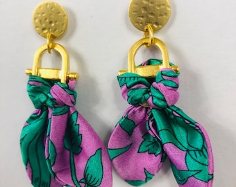 Liberty print silk gold plated dangle earrings, drop earrings, statement earrings, colourful earrings, handmade