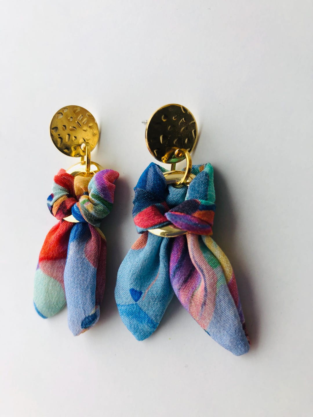 Handmade statement earrings in Liberty Print ‘Una Landscape’ silk. Bold, elegant, colourful and unique gold plated dangle earrings.