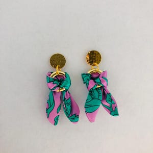 Handmade statement earrings, in Colombia Road Liberty print silk, unique and colourful gold plated dangle earrings