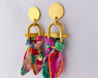 Liberty print silk gold plated statement colourful earrings dangle earrings, drop earrings, statement dangle jewellery, handmade