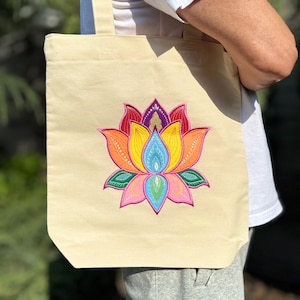 Lotus Flower Felt Appliqué Tote Bag – Yoga and Meditation Gift – Spiritual Boho Canvas Bag
