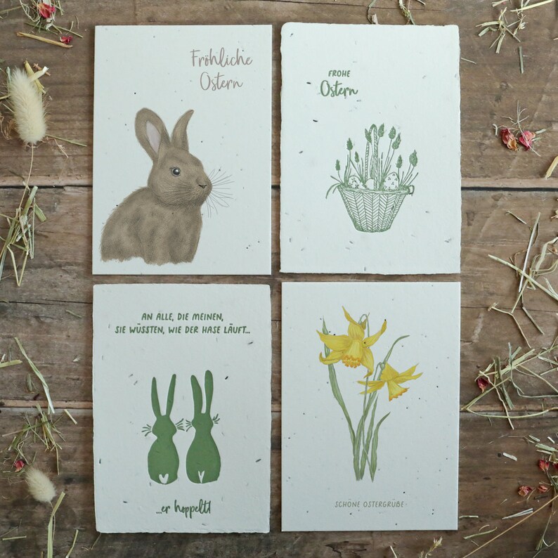 Osterkarten-Set aus 4 verschiedenen Osterkarten mit schönen Motiven für Frühlings- und Ostergrüße, handgeschöpftes Samenpapier zum Einpflanzen