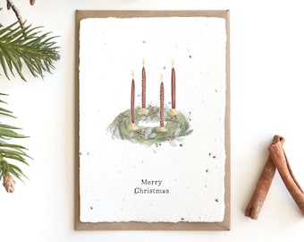 Einpflanzbare Weihnachtskarte aus handgeschöpftem Saatpapier | Karte Adventskranz | Wachsende Grußkarte zu Weihnachten | Zimtbasilikum-Samen