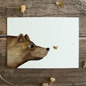 Einpflanzbare Karte aus handgeschöpftem Saatpapier | Karte Bienenfreund | Karte zu jedem Anlass | Samenpapier-Karte mit Bär und Biene