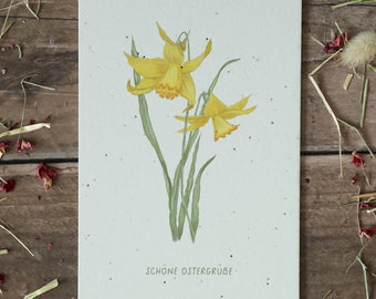 Einpflanzbare Osterkarte aus handgeschöpftem Saatpapier | Karte Osterglöckchen | Karte zu Ostern und Frühling | Samenpapier-Karte