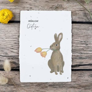 Einpflanzbare Osterkarte aus handgeschöpftem Saatpapier | Karte Osterhase | Karte zu Ostern mit Hasenmotiv