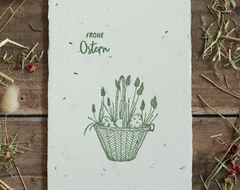 Einpflanzbare Osterkarte aus handgeschöpftem Saatpapier | Karte Osterkorb | Karte zu Ostern und Frühling | Samenpapier-Karte Letterpress