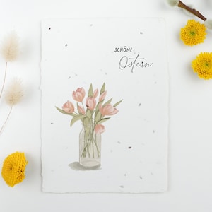 Einpflanzbare Osterkarte aus handgeschöpftem Saatpapier | Karte Tulpen | Karte zu Ostern mit Blumenmotiv Tulpenvase