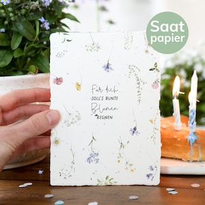 Einpflanzbare Geburtstagskarte aus handgeschöpftem Saatpapier | Karte Bunter Blumenregen | Glückwunsch-Karte zum Geburtstag | Büttenpapier