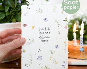 Einpflanzbare Geburtstagskarte aus handgeschöpftem Saatpapier | Karte Bunter Blumenregen | Glückwunsch-Karte zum Geburtstag | Büttenpapier