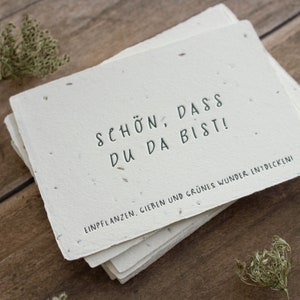 Einpflanzbares Gastgeschenk aus handgeschöpftem Saatpapier | Schön, dass du da bist | Hochzeit, Geburtstag | Letterpress | Büttenpapier